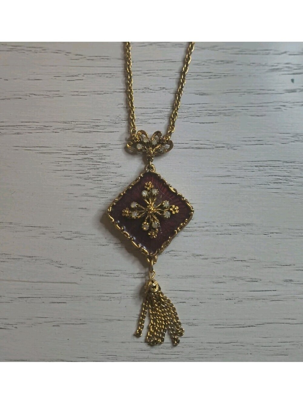 Vintage LJM Laurentian Tassel Pendant Necklace Red Enamel Rhinestone Gold Tone